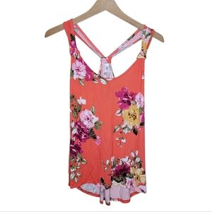 NWT Maurices | Coral Pink Yellow Floral Knotted Racerback Tank Top Size Small
